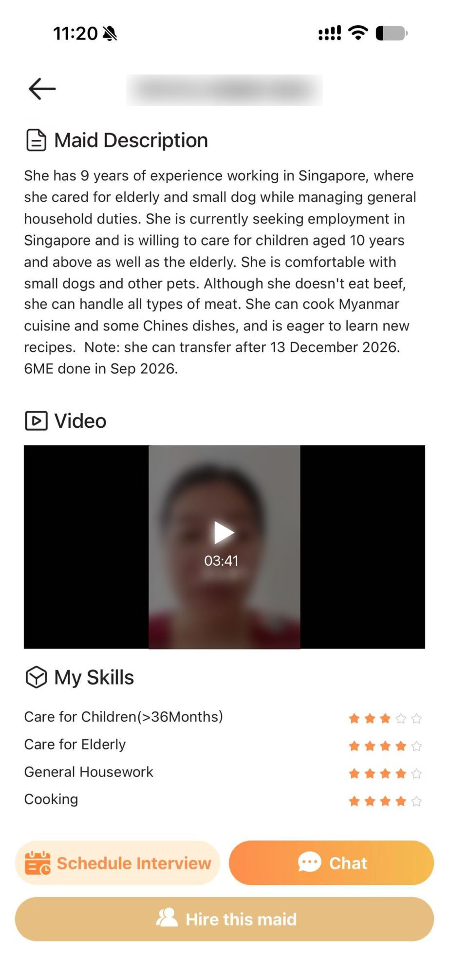 A helper's profile in the Helpering app: her description, her interview video and her skills