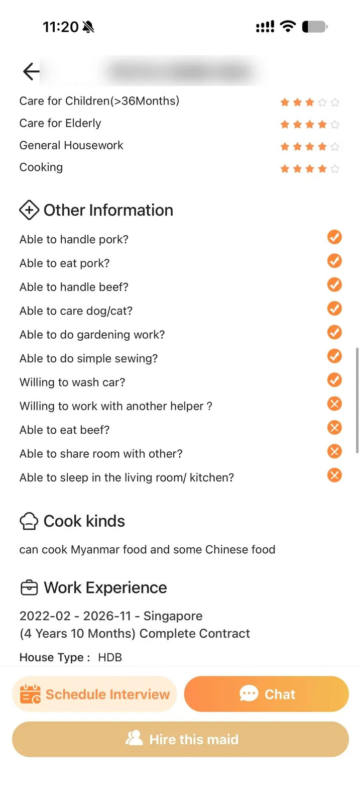 A helper's profile in the Helpering app: her skills, what she will and will not do, and where she can sleep
